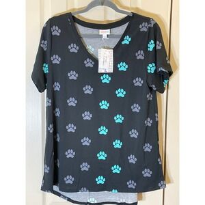 LuLaRoe Christy Top Women Large Black Teal Paw Print NWT V-Neck Short Sleeve Tee